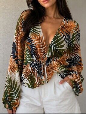 Francesca's Collections Tropical Leaf V-Neck Blouse in Olive, Tan & Navy